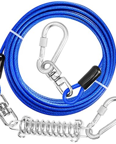jenico Dog Tie Out Cable, 10/15/20/30/40/50/70/100/150FT Runner Cable with Swivel Hook and Shock Spring, Dog Leash Run Tether for Yard Outdoor and Camping,for Small to Medium Pets Up to 500 LBS
