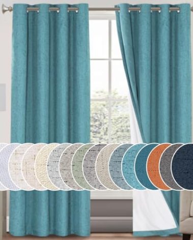 PrinceDeco 100% Blackout Linen Textured Curtains for Bedroom Teal Blue Blackout Curtains for Living Room Energy Saving Window Treatment Curtains with White Liner Vertical Blinds,52" Wide, 84" Length