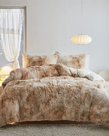 Jameswish Shaggy Plush Duvet Cover Set Super Soft Fluffy Faux Fur Comforter Cover Set Luxury Fuzzy Bedding Set 3 Piece(1Duvet Cover+2Pillowcases) with Zipper Clusure(Camel White Ombre,Queen Size)