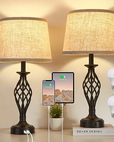 Table Lamp for Bedroom Set of 2 with USB C+A Ports, Modern Bedside Lamps with Spiral Cage Base, Fabric Shade, Nightstand Lamp for Living Room Reading Bed Side End Table, 2 LED Bulbs Included Black