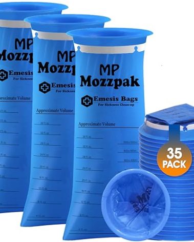 MP MOZZPAK Vomit Bags Disposable 35 Pack - 1000ml Emesis Bags, Leak-Proof Barf Bag, Travel Friendly Puke & Nausea Bag for Motion Sickness, Medical Grade Throw up Relief for Car (35pk - Blue)