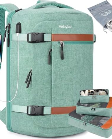 Velaybor 42L Travel Backpack with 4 Packing Cubes, TSA Friendly Flight Approved Carry-On Bag with USB Charging Port, Water-Resistant Weekender Business Backpack for Men Women, Fits 17.3" Laptop(Green)