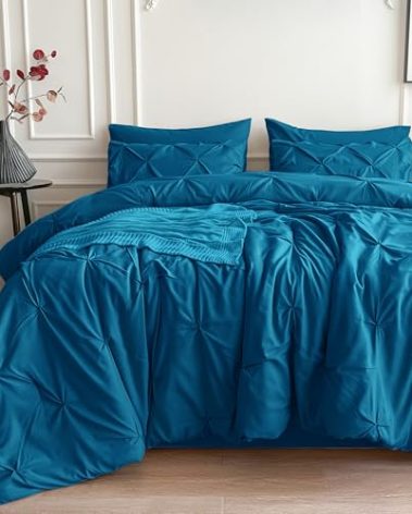 Maple&Stone Full Size Comforter Sets, 7 Pieces Bedding Sets Full, Pintuck Bed in a Bag Bed Set with Comforter, Sheets, Pillowcases & Shams - Teal