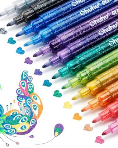 Ohuhu Glitter Markers Pen: 12 Glitter Colors Metallic Shimmer Marker Fine Tip Water-based Ink for Kids Adults DIY Crafts Greeting Birthday Cards Making Mugs Wood