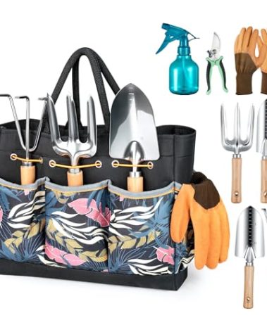 Grenebo Gardening Tools 9-Piece Heavy Duty Garden Hand Tools with Fashion and Durable Garden Tools Organizer Handbag, Rust-Proof Garden Tool Set, Ideal Gardening Gifts for Women