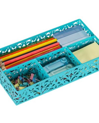 EasyPAG Desk Drawer Organizer with 4 Compartments, Carved Hollow Floral Metal Tray for Office, Jewelry, Cosmetics - No Assembly, Dark Teal