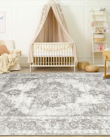 Area Rug 4x6 Vintage Rugs: Washable Indoor Medallion Rug Low Pile Distressed Floor Carpet Retro Accent Rugs for Living Room Bedroom Kitchen Dining Table Home Office(Grey, 4'x6')