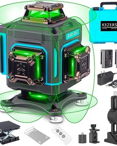 KEZERS Laser Level 360 Self Leveling,4 x 360 Laser Level with Screen Green Laser Level Line tool Leveling and Alignment Laser Tool with Pulse Mode for Construction and Picture Hanging,Remote Control