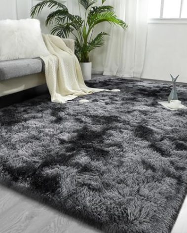 FlyDOIT 9x12 Feet Large Area Rugs for Living Room, Tie-Dyed Black and Grey Shaggy Rug Fluffy Throw Carpets, Ultra Soft Plush Modern Indoor Fuzzy Rug for Bedroom Girls Kids Nursery Room Dorm Home Decor