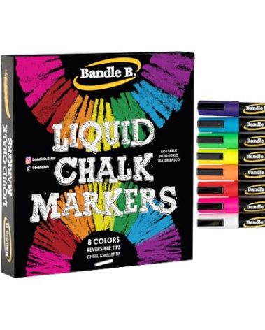 Bandle B. Chalk Markers - 8 Vibrant, Erasable, Non-Toxic, Water-Based, Reversible Tips. For Glass or Chalkboard Markers for Businesses, Restaurants, Liquid Drawing Chalk (Vibrant 6mm)