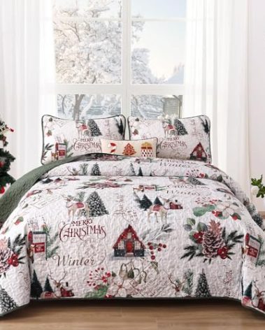 Dobuyly Christmas Quilt Set Queen Size, White Xmas Tree Reindeer Pattern Bedspread Christmas Bedding Set, Soft Lightweight Microfiber Winter Coverlet Set (96"x90", 3 Pieces)