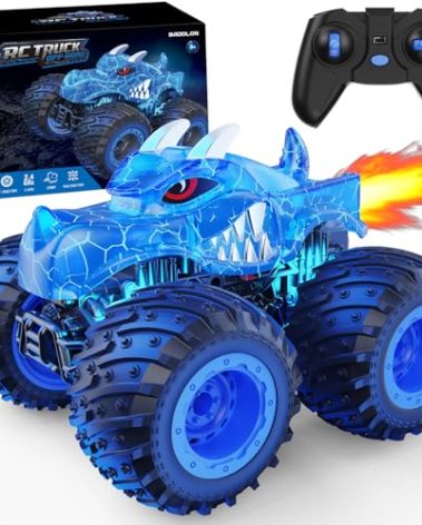 BAODLON Remote Control Monster Car, 2.4GHz RC Monster Trucks Toys for 3 4 5 6 7 8 Years Old Boys Kids, All Terrain RC Truck Off Road with Spray, Light, Rechargeable Battery, Christmas Birthday Gifts
