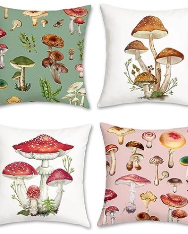Bonhause Mushroom Throw Pillow Covers 18 x 18 Inch Various Mushrooms Green Pink Decorative Pillows Soft Velvet Cushion Cases for Couch Sofa Bed Home Decor Set of 4