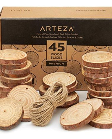 ARTEZA Natural Wood Slices, 2.4-2.8 Inch Diameter, Set of 45, Brown Round Pine Wood Discs with Bark for Crafts, Christmas Ornaments, Centerpieces