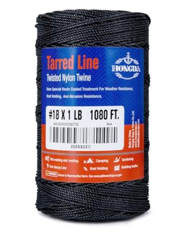 HONGDA Tarred Twine, 1080 Feet Nylon Twine #18 Bank Line-Black Nylon String 1.5mm, Black Strong Twisted Seine Rope Ideal for Gardening, Construction, Gear Tying, Jungle Survival