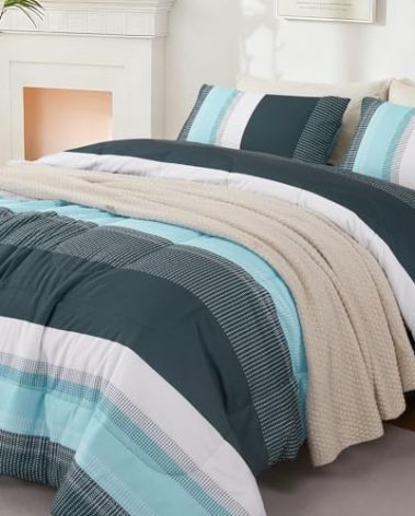 PERFEMET Queen Size Green Stripe Patchwork Comforter Set 3 Pieces Bedding Set All Seasons Masculine Bedding for Men Teen Boys Elegant Bedroom Decor
