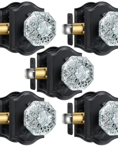 Calzibeno 5 Pack Crystal Door Knobs, Glass Door Knobs with Lock for Privacy Use, Black Vintage Crystal Doorknob Set