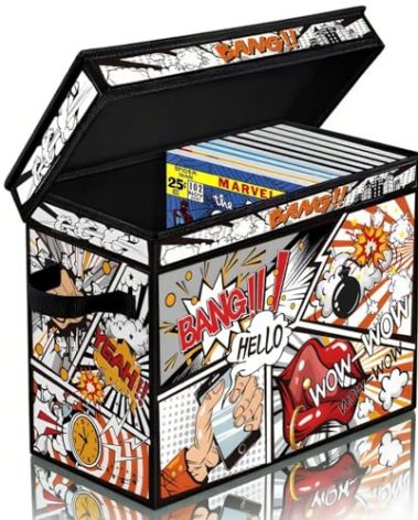 ELFULLY Comic Book Storage Box, 15.3" x 7.8" x 11.8" Large Comic Book Case, Oxford Fabric Organizer, Collapsible Storage Bin with Lid and Handles for Books Magazines Collections, Cartoon Colorful