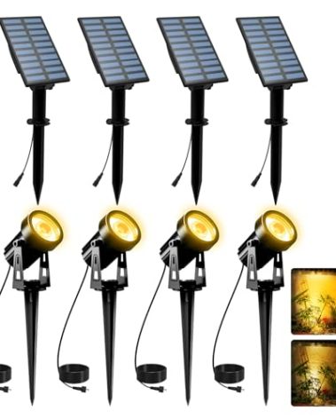 T-SUNUS Christmas Solar Landscape Spotlights 4 Pack Warm White 3000K, Spot Lights IP65 Waterproof Outdoor Separated Panel with 9.8ft Cable, Garden Pond Light for Flag Driveway Walkway Patio Halloween
