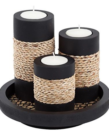 IYARA CRAFT Tealight Candle Holders with Tray – Set of 3 Rustic Black Wooden Candle Holders with Natural Rope Accent, Cozy Home Décor Centerpiece for Living Room, Christmas & Housewarming Gifts