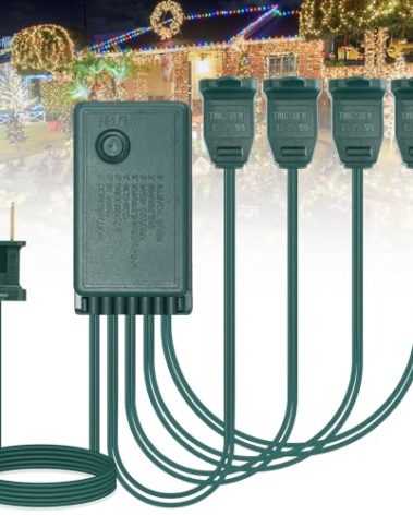 Tellegloww 4 Channel Christmas Light Controller with Chasing Push Button Speed Control 24W 9 Function Christmas Tree Light Flasher Plug Blinking Adapter for Outdoor Indoor Xmas Halloween Holiday Decor