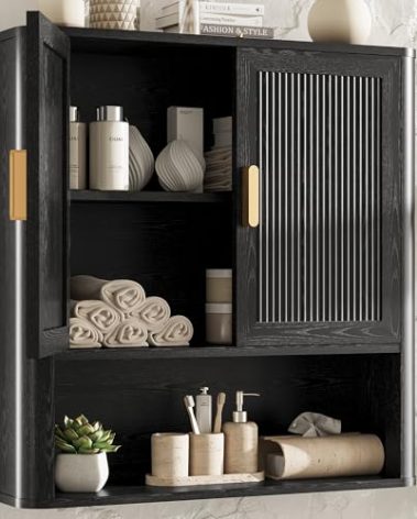 INNOD Bathroom Wall Cabinet, Wall-Mounted Medicine Cabinet with Adjustable Wood Shelf & Doors, Floating Bathroom Cabinet Over Toilet for Laundry Room & Kitchen & Living Room (Black)