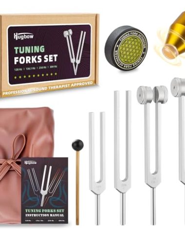 Hugbow Tuning Forks for Healing, Aluminum Alloy Tuning Fork 128Hz, 136.1Hz, 256Hz, 384Hz, Hockey Puck Activator & feet, Weighted & Unweighted Tuning Fork Set with Vegan Leather Pouch