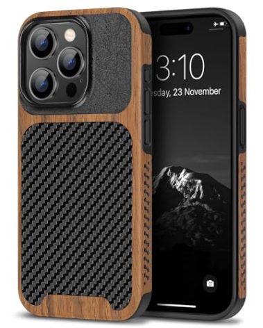 TENDLIN Compatible with iPhone 15 Pro Max Case Wood Grain with Carbon Fiber Texture Design Leather Hybrid Slim Case (Black)