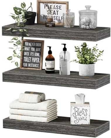 QEEIG Floating Shelves for Wall Bathroom Shelf Bedroom Kitchen Living Room Hanging Book Shelves Small Farmhouse Decor 16 inch Set of 3, Grey (015-GY3)