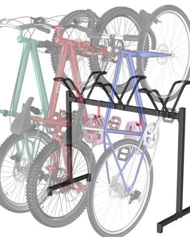 Sttoraboks 3 Bikes Floor Stand, Adjustable Bicycle Parking Rack with Hook for Garage, Indoor, Outdoor, Metal Cycle Storage Organizer Rack for Mountain, Road and Kids Bikes, Max Tire Width 2.5”, Black