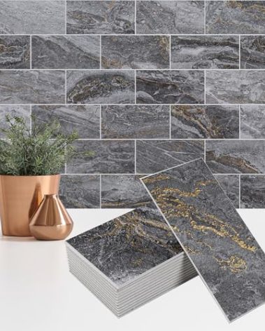 StyloVue 100 Pieces Peel and Stick Backsplash for Kitchen, 3" x 6" PVC Subway Tile 2025 Upgraded Gray-Gold Stone Backsplash Stick on Tile Elevate Kitchen Fireplace RV