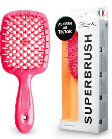 Janeke Superbrush Detangling Brush for Soft Smoothing Hair Brushing with Anti-Static Bristles - Vented Wet Hair Brush for Blow Drying Use - for Curly, Thick, Wavy, Fine Hair Types (Bright Pink)