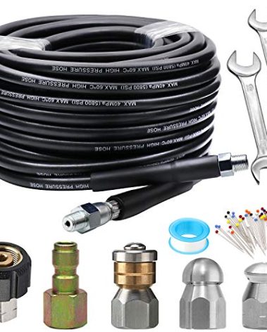 Sewer Jetter Kit 50FT for Pressure Washer, 5800PSI Drain Cleaner Hose 1/4 Inch NPT, Corner, Rotating & Button Nose Sewer Jetting Nozzle with Spanner Waterproof Tape Pearl Corsage Pin