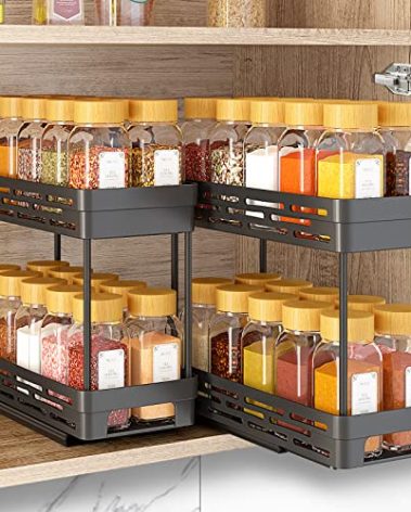 2 Pack Pull Out Spice Rack Organizer for Cabinet, Slide Out Spice Racks Organizer, Spice Cabinet Organizers, Cabinet Size Need:12'' Highx11'' Deepx5'' Wide,Hold 10 Spice Jar Each Tier-2Tier, Black