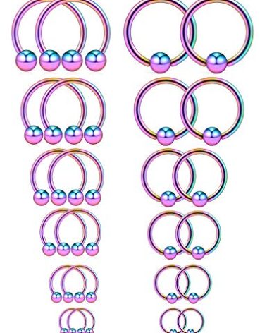 Ruifan 12PRS(24PCS) 16G Surgical Steel Horseshoe & Captive Bead Nose Hoop Septum Earring Eyebrow Tongue Lip Nipple Helix Tragus Piercing Jewelry Rings 6-16mm Rainbow