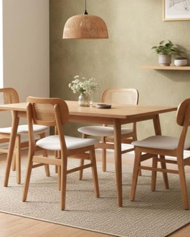 ROCITY Rattan Dining Chairs Set of 4 Beige Linen Fabric Dining Room Chairs Natural Wooden Kitchen Chairs Farmhouse Boho