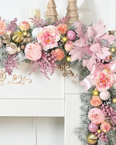 Waipfaru 6FT Christmas Garland with Lights, Pink Christmas Decor, Rose Gold Lighted Flocked Garland with Flower, Berries, Balls, Pinecone, Pink Garlands for Mantle Table Stairs Indoor Outdoor Decor