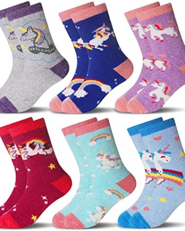 Eocom 6 Pairs Children's Winter Warm Wool Socks Kids Toddlers Boys Girls Thermal Thick Boot Cozy Crew Socks (8-12 Years, Unicorn E)