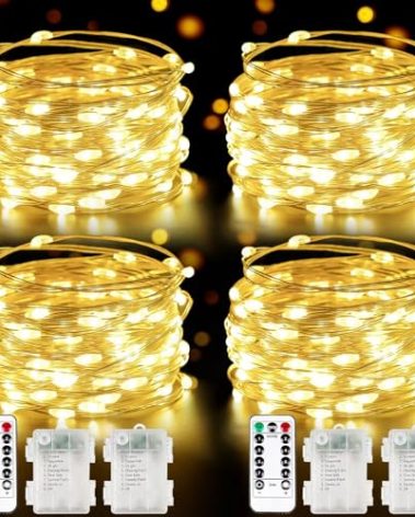 4 Pack 100 LED Fairy Lights Battery Operated with Remote, 33FT Waterproof Twinkle Lights with Timer & 8 Modes, Fairy String Light Outdoor Indoor for Bedroom Classroom DIY Christmas Decor (Warm White)