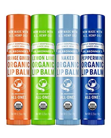 Dr. Bronner's - Organic Lip Balm Variety Peppermint, Orange Ginger, Naked, Lemon Lime) - Made with Organic Beeswax and Avocado Oil, For Dry Lips, Hands, Chin or Cheeks, 0.15 Ounce (Pack of 4)