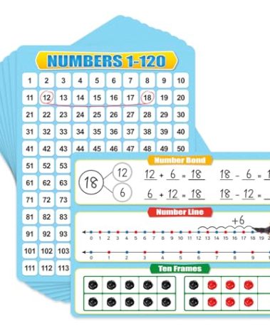 PraxiKidy 12 Pack Numbers 1-120 Chart Dry Erase Flash Card,12" x 9" Number Line Ten Frame Math Manipulatives Small White Board for Student Teacher Kindergarten 1ST 2ND Classroom Homeschool Supplies