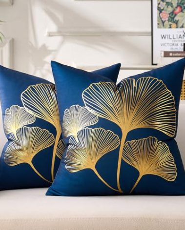 Navy Blue and Gold Decor Throw Pillow Covers Golden Ginkgo Decorative Couch Pillows Covers 20 x 20 Large Modern Bedroom Cushion Covers for Bed Living Room Sofa Fall Boho Home Decor Set of 2