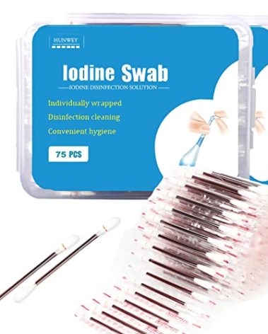 HUNWEY 150 Individually Wrapped- Iodine Cotton Swabs Solution Filled| First Aid Swabsticks for Nasal Ears Bruise Travel