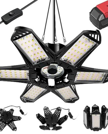 LIVOWALNY LED Work Light Compatible with Milwaukee 18V Battery, 68W 6800LM LED Garage Flood Lights with 6+1 Deformable Panels, Battery Powered Pendant Ceiling Light for Shed Workshop Garage Home