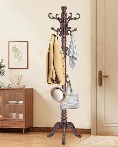 OIRUMIE Wooden Coat Rack Stand, Vintage Wood Coat Rack Freestanding with Sturdy Triangle Base, Classic Coat Racks with 14 Hooks, Natural Birch Wood Coat Tree Hanger Stand for Entryway,Office