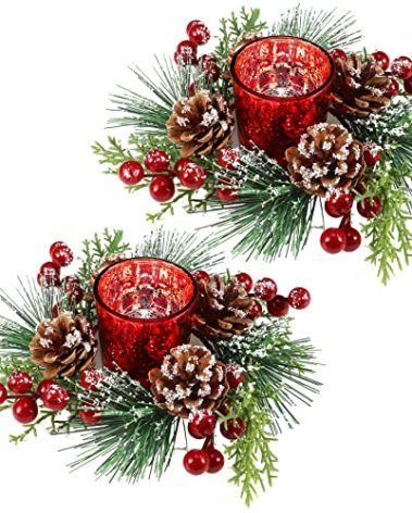 2 Set Christmas Table Centerpieces Glass Votive Candle Holder with Artificial Snowy Pinecone Berry Christmas Candle Rings Decoration for Home Party Xmas Table Mantel