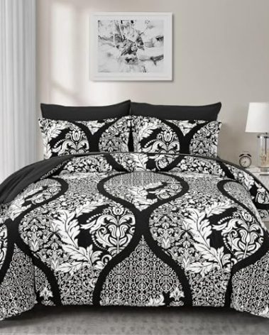 Anibedding Black Comforter Set Queen Size, 7 Pieces Bohemian Damask Comforter Set Soft Lightweight Microfiber Bedding Set for All Season (90"x90")