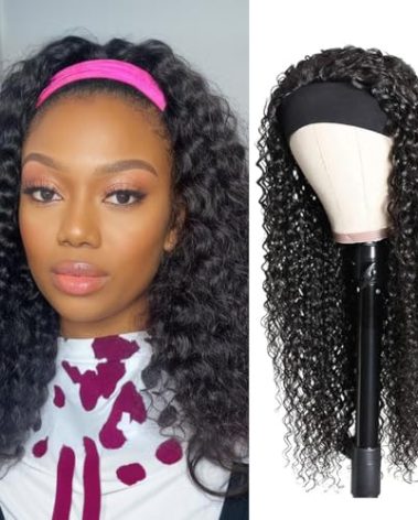 Unvizossa Deep Wave Headband Wig Human Hair 16 Inch Curly Headband Human Hair Wig for Black Women Wear and Go Glueless Wig Deep Curly None Lace Front Wig Natural Color