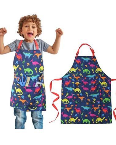 DASHN PRODUCTS Kids Apron - Dinosaur - Dual Pockets - chef kitchen cooking garden artist painting cleaning baking pottery gift boys girls