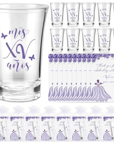 Havawish Quinceanera Party Favors for Guests Quinceanera Acrylic Clear Shot Glasses Thank You Cards with Organza Bags Mis Quince Anos Sweet 15 Birthday Party Favors(Purple,50 Sets)
